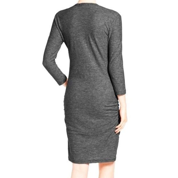 James Perse Henley Dress Deep Charcoal Melange Heathered V-Neck Ruched Mini 0 XS - Picture 3 of 8
